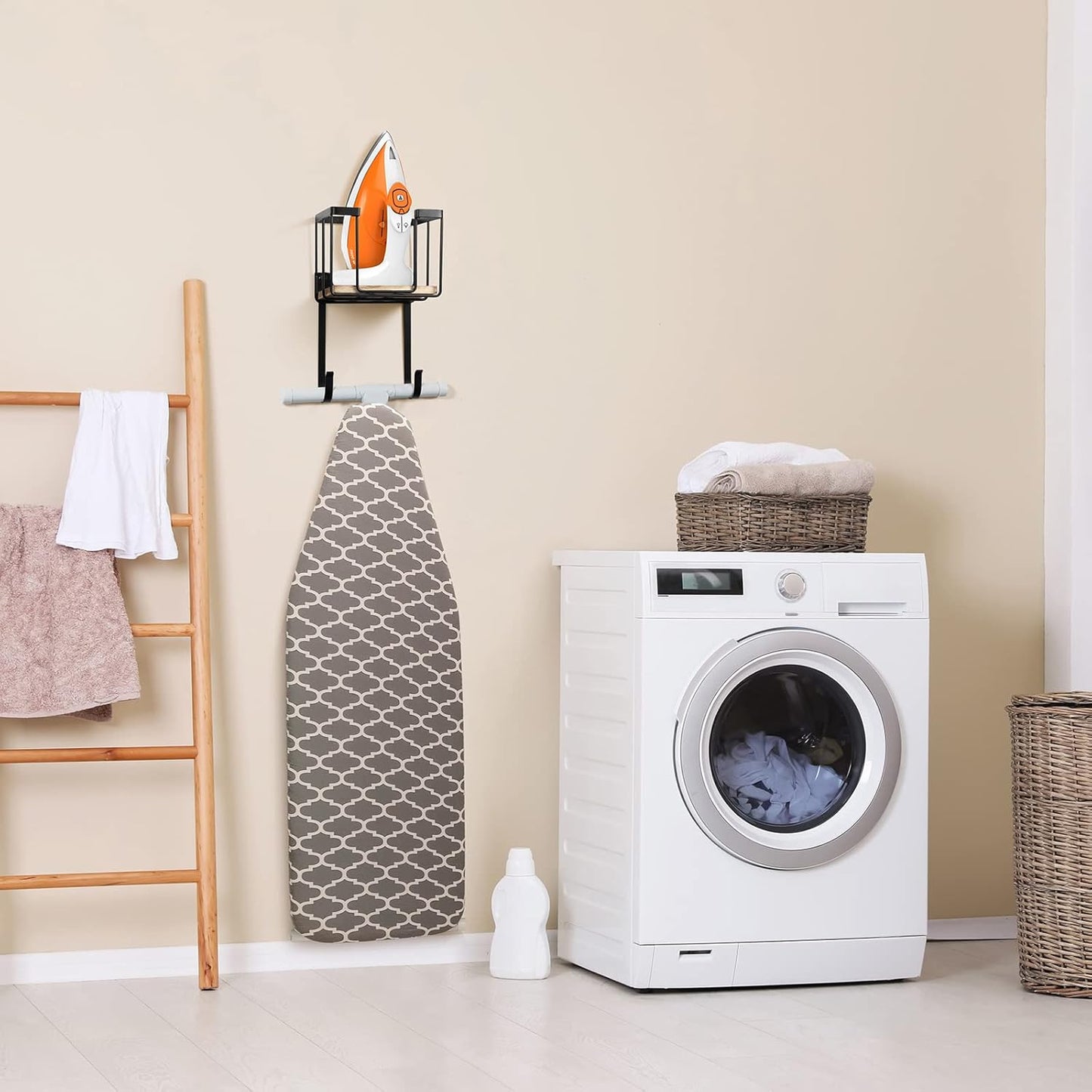 TJ.MOREE Wall Mount/Over The Door Ironing Board Holder with Large Storage Basket, Laundry Room Iron and Ironing Board Holder Storage Holder Black Middle