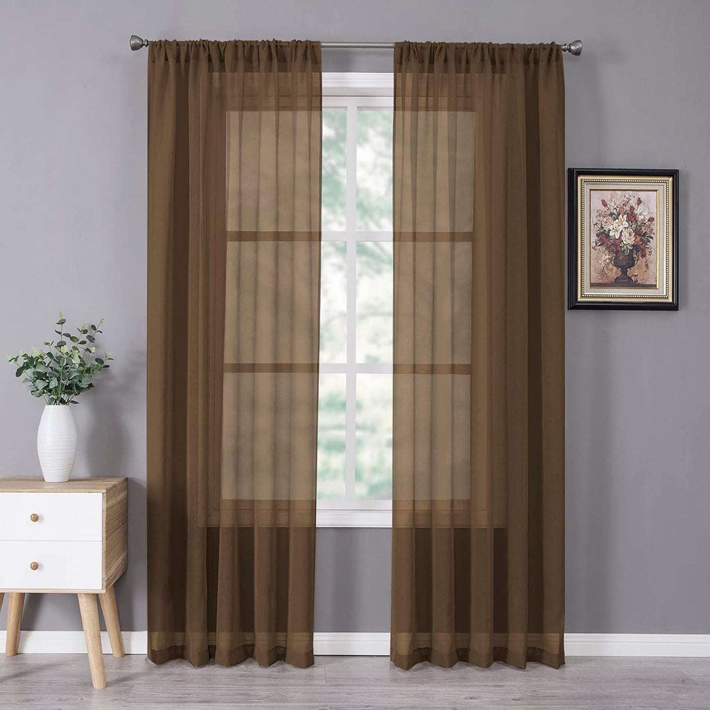 Tollpiz Sheer Curtains Linen Textured Bedroom Curtain Sheers Light Filtering Rod Pocket Voile Curtains for Living Room, 54 x 84 inches Long, Brown, Set of 2 Panels
