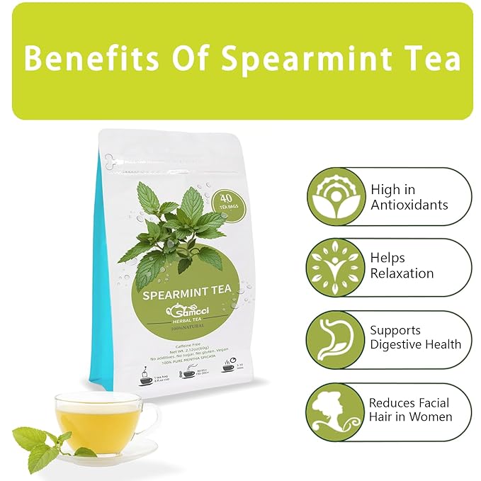 Samcci - Spearmint Tea Bags, 40 Teabags, 1.5g/bag - Pure Spearmint Leaves - Non-GMO - Caffeine-free Herbal Tea - Hormone Balance & Support Digestion & Natural Breath Freshener
