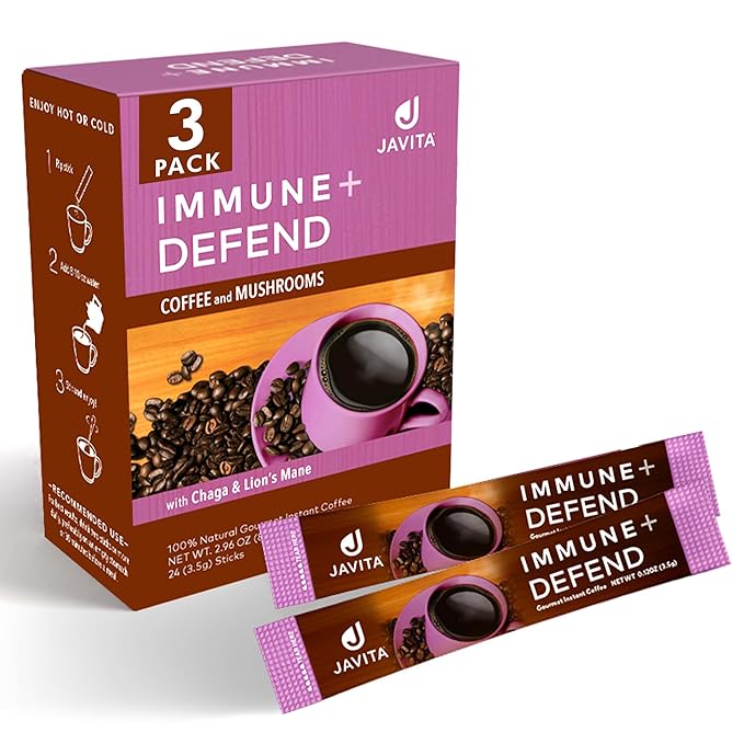 Mushroom Coffee by Javita, Immune & Defend Blend of Chaga, Lion's Mane and Dark Roast Coffee for Morning Boost, Antioxidant Support; Keto-friendly, 3 boxes of 24 (3.5g) Sticks, 72 ct