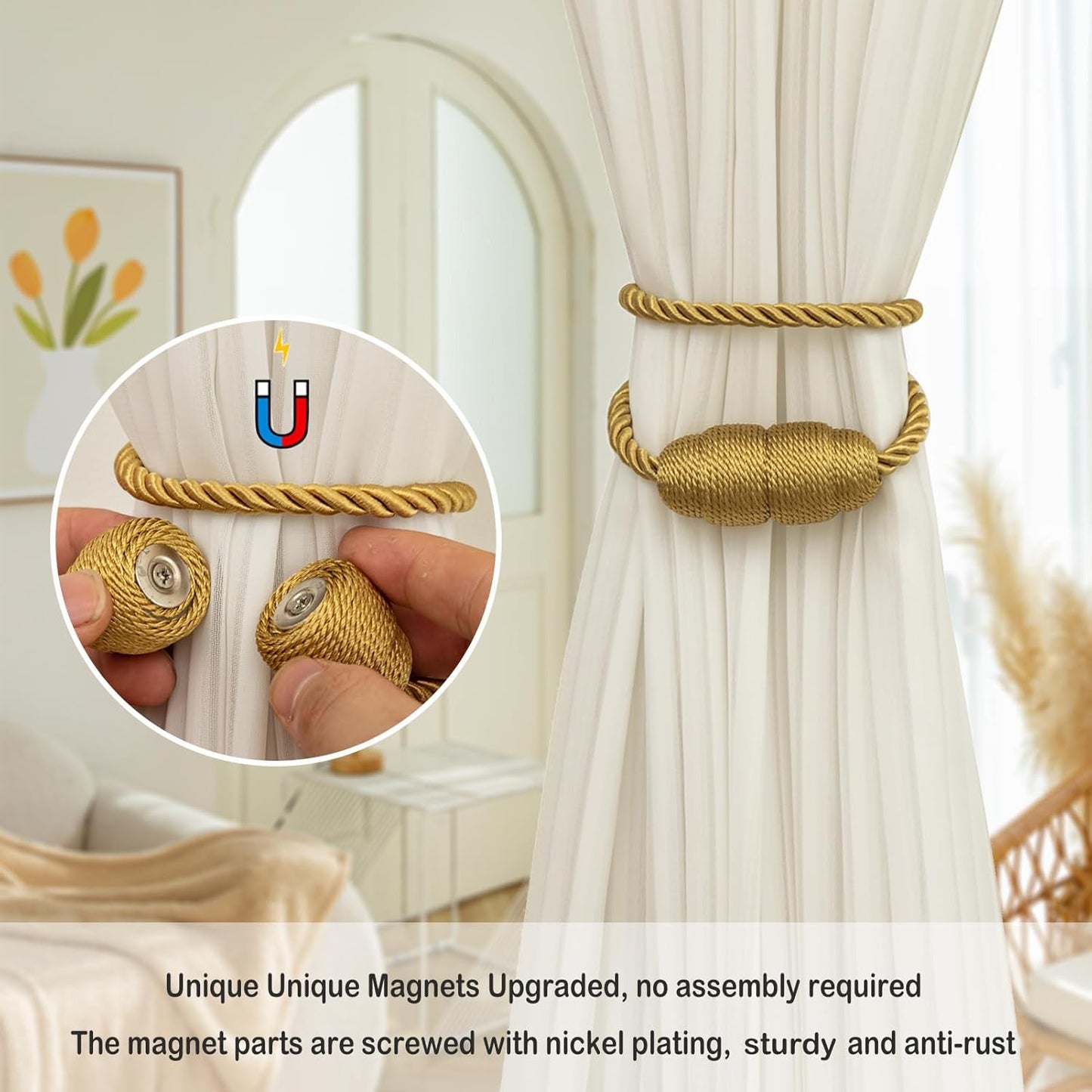 Magnetic Curtain Tiebacks Rope Curtain Tie Backs for Curtains 6 Pack Curtain Holders for Drapes Decorative Window Curtain Holdbacks, Gold