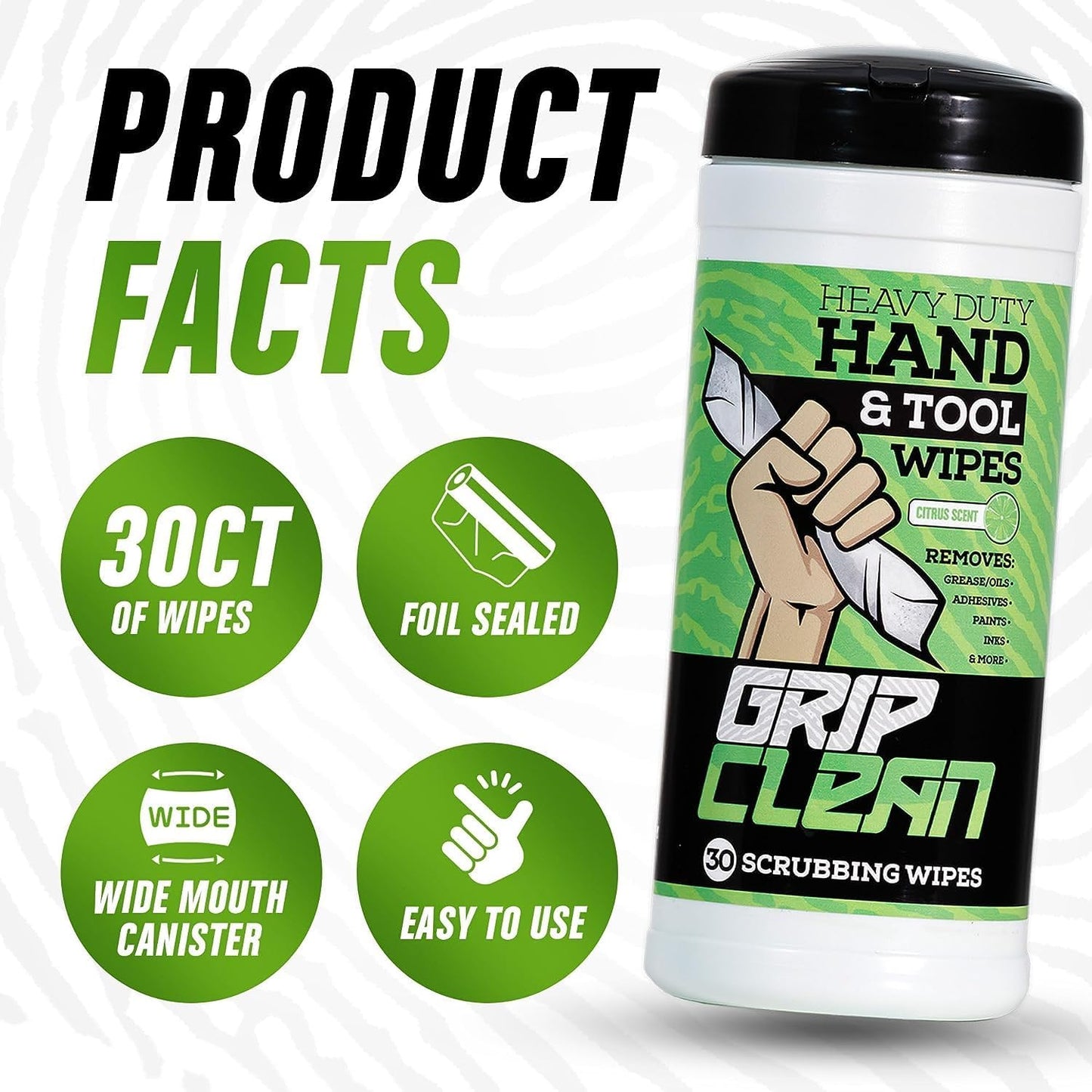 Grip Clean Heavy Duty Hand & Tool Cleaning Wipes – Waterless Hand Cleaner for Mechanics, Garage & Shop Use – Dual-Sided Grease, Oil & Paint Remover Wipes with Citrus Scent - 72ct (6 Pack)