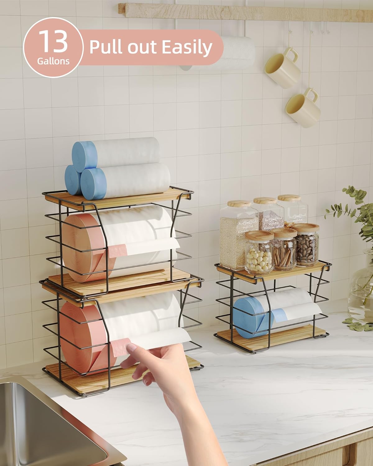 3 Pack Trash Bag Holder/Dispenser, Stackable Storage Laundry Kitchen Organizers for Countertop Organization, Wall Mount Garbage Bag Dispenser with wooden Top, No Drill