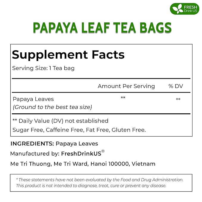 FreshDrinkUS, Premium 40 Papaya Leaf Tea Bags, 100% Natural & Pure. Loose Leaf Papaya Herbal Tea. Made with Natural Material Tea Bags. No Sugar, No Caffeine, No Gluten, Vegan.