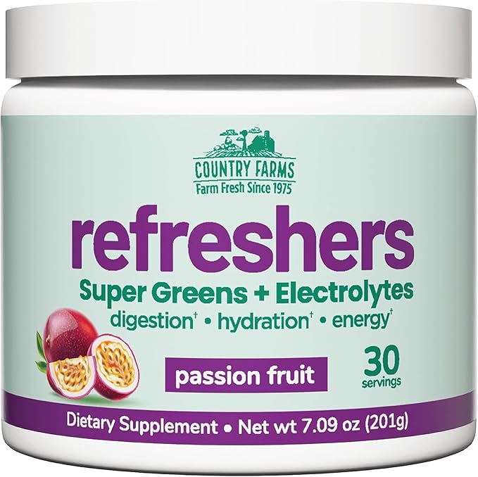 COUNTRY FARMS Refreshers, Super Greens and Electrolytes, Essential Minerals and Superfoods, Hydration Support, Promotes Natural Energy, with Fiber, Passion Fruit, 30 Servings
