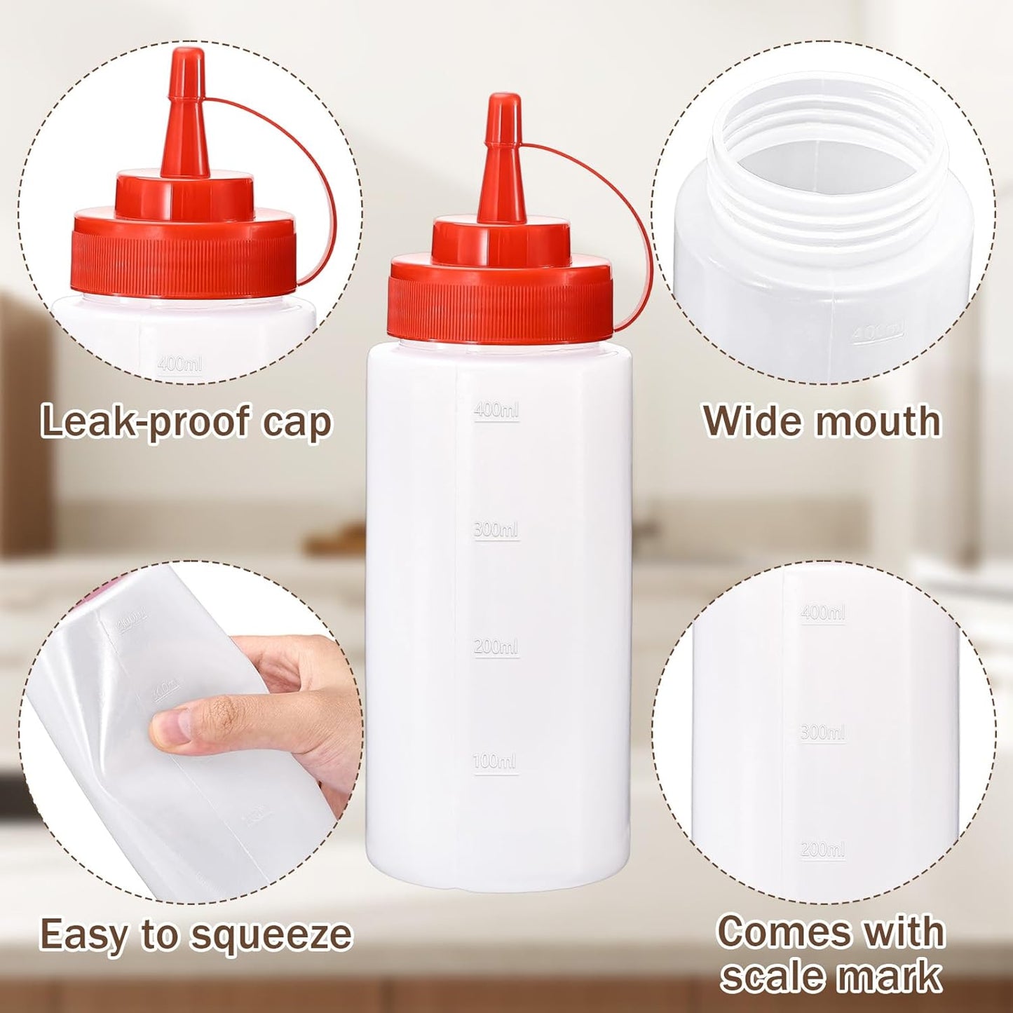 Condiment Squeeze Bottles Ketchup Dispenser, 6 Pack 16oz Squeeze Bottles for Liquids, Plastic Sauce Bottle with Cap Lid, Squirt Bottles for Sauces Liquids BBQ Dressing Pancake Art
