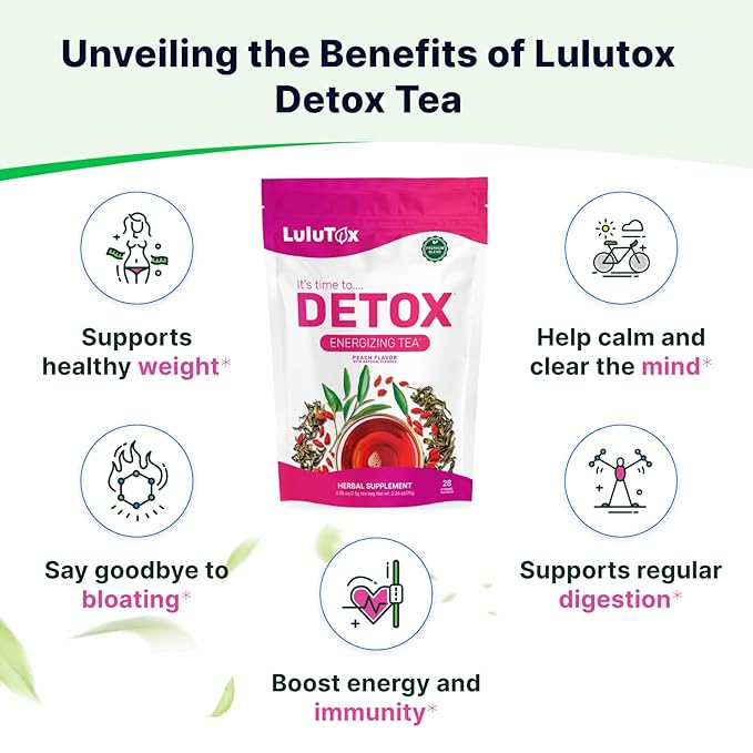 Detox Tea - Slimming Tea with Dandelion and Ginseng to Support Goals for Detox Cleanse, Flat Belly, Bloating, Healthy Weight and Digestive Health - Women & Men - Peach Flavor (28 Servings)