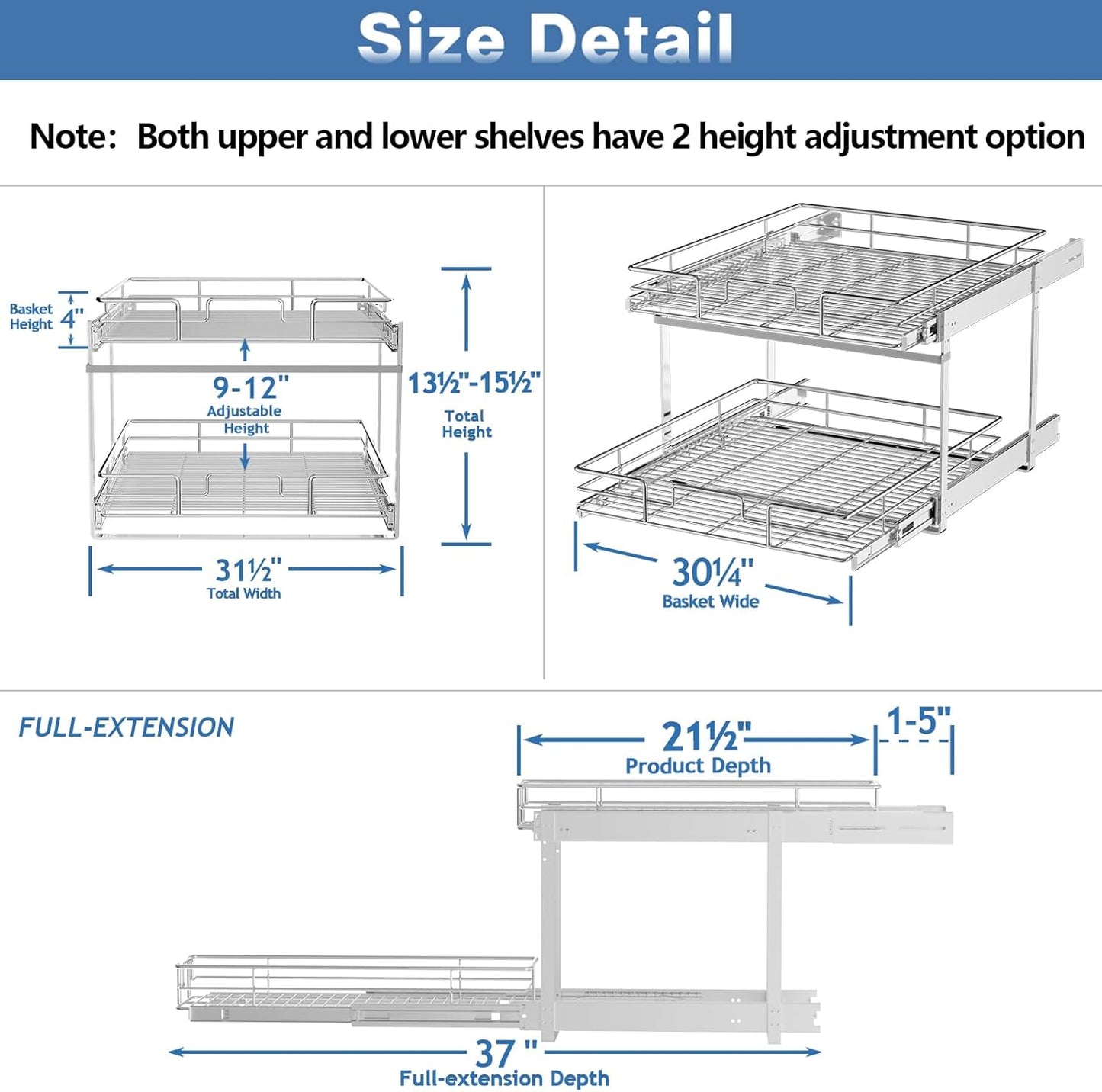 2 Tier Individual Pull Out Cabinet Organizer 31½" W x 21½" D, Heavy Duty Cabinet Pull Out Shelves, Slide Out Drawers Organization for Kitchen Cabinets Bathroom