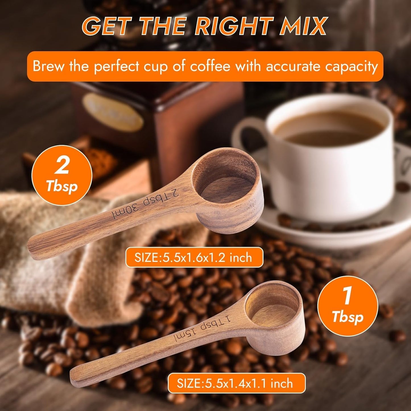 Wooden Coffee Scoop Wooden Measuring Spoons, 5.5 Inch Measuring Scoop Wooden Scoops forJars Containers, Sugar, Pantry Canisters, Laundry Detergent(1 Tbsp+2 Tbsp)