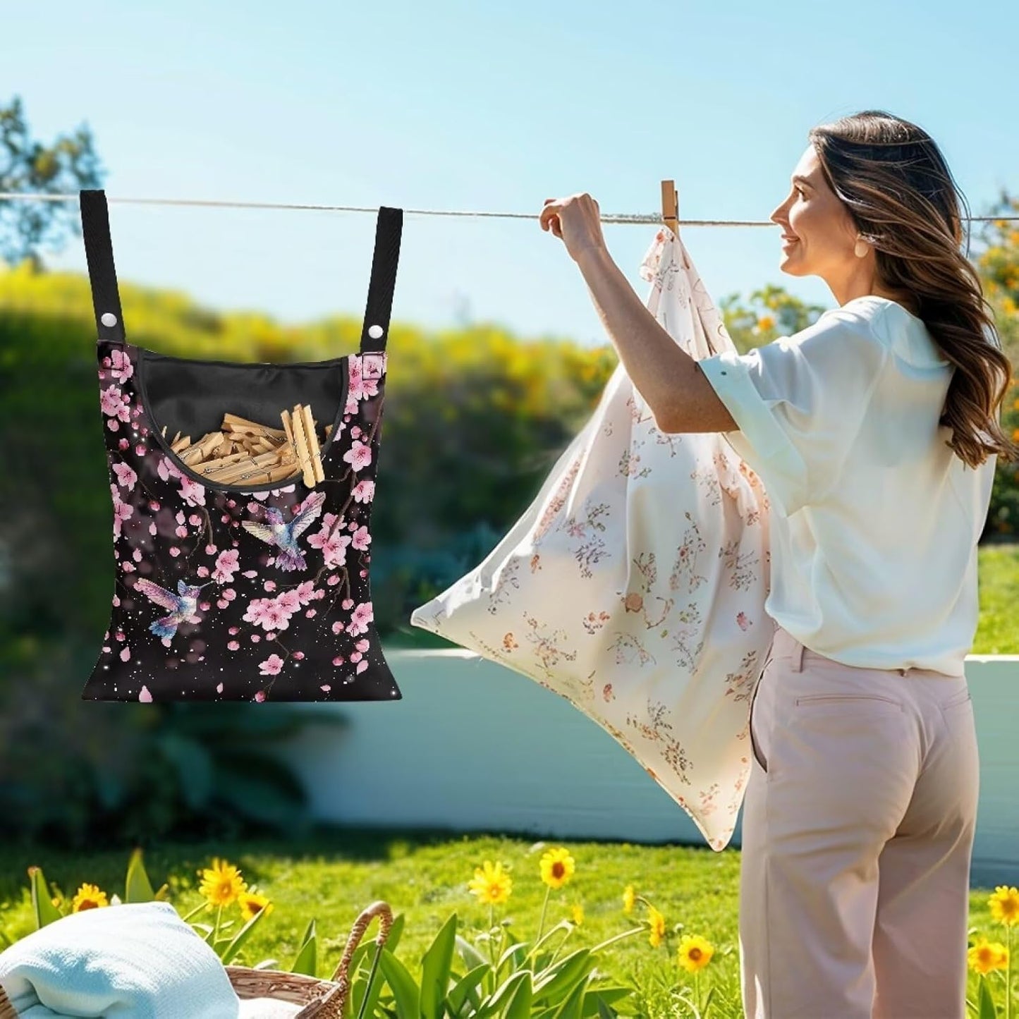 Waterproof Clothespin Bag with Hanger Hook Cherry Blossom Hummingbird - Large Opening Organizer for Balcony, Laundry Room & Apartment Use