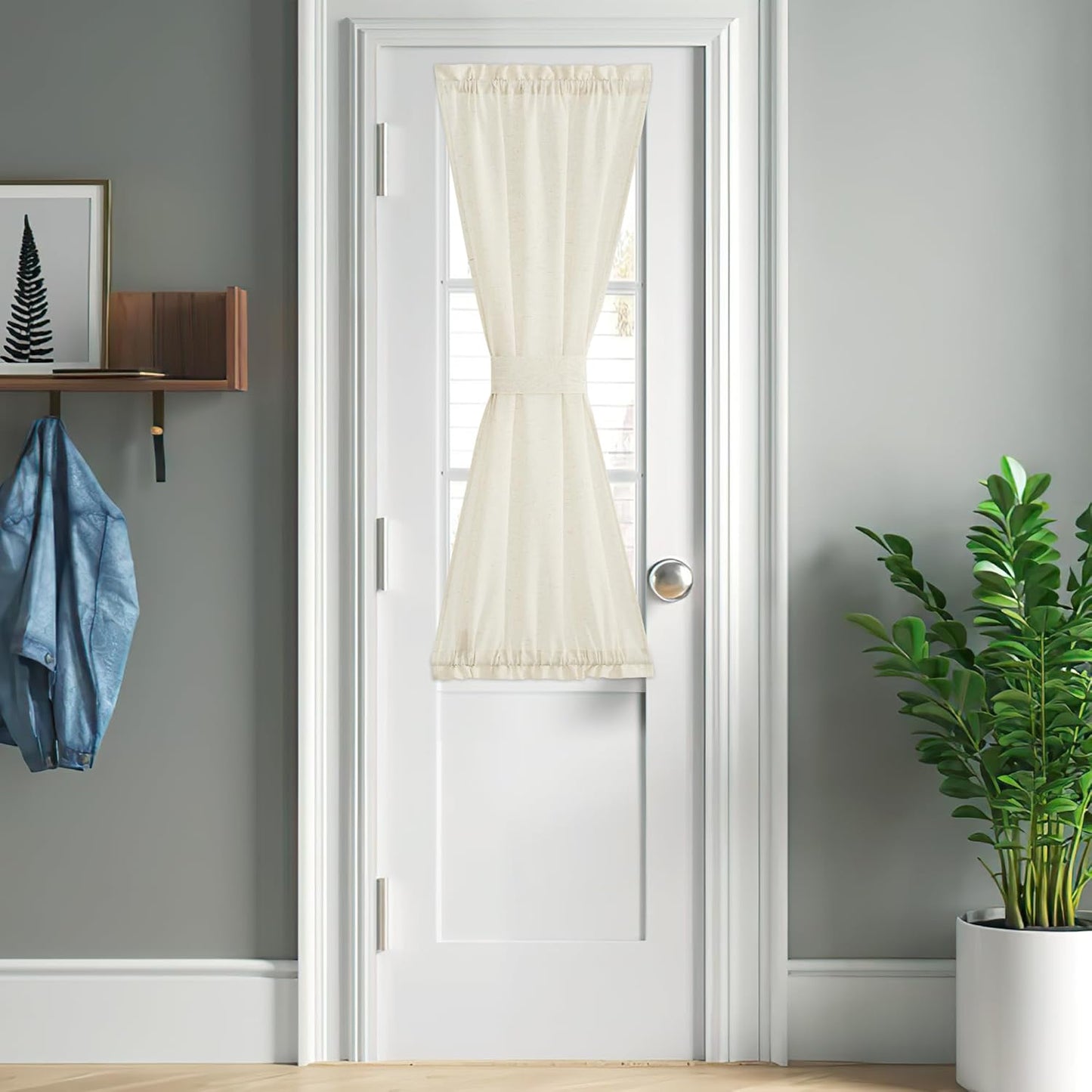 NICETOWN Natural Linen Blended Door Curtain - Farmhouse French Curtain Light Filgtering Tricia Short Window Covering for Patio Sidelight Door Blind Tie Up Shade, W26 x L50 in, 1 Pc, Off White