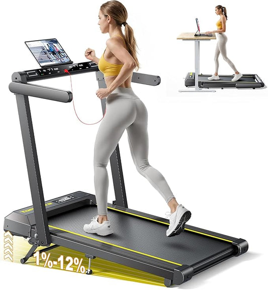Walking Pad Treadmill with 12% Incline, 4 in 1 Folding Treadmill for Home/Office with Handle Bar, 2.5HP Under Desk Treadmills Portable Walking Pad with App & Bluetooth Speaker, 0.6-10MPH