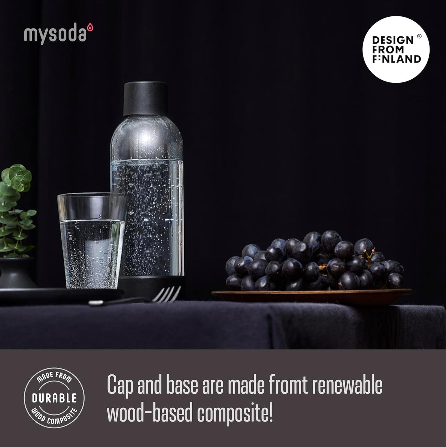 Mysoda Carbonating Bottles 2Pck 0.5L - Compatible with MySoda and any brands - Quick-Lock Reusable Bottles - Lid and Base Made of Wood Composite - BPA Free - Black