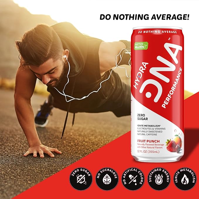 HYDRADNA- Clean Performance Drink, Zero Sugar | For Natural Fuel, Alertness, Boost, Stamina,120 mg Organic Caffeine, Natural Flavors, Zero Sucralose, Clean Ingredients (12 Pack) (12 Pack, Fruit Punch)