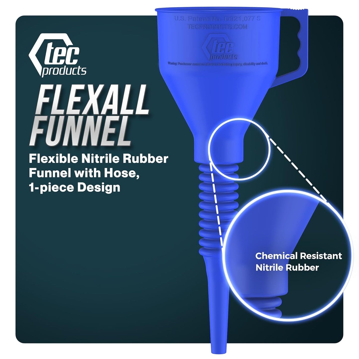 TEC Products FlexAll Long Flexible Funnel for Automotive Use - Durable Nitrile Rubber - Ideal for Car Oil Change, Transmission Funnel Fluid, Diesel, Fuel, Gas - Made in USA - Blue (12 x 4 Inches)