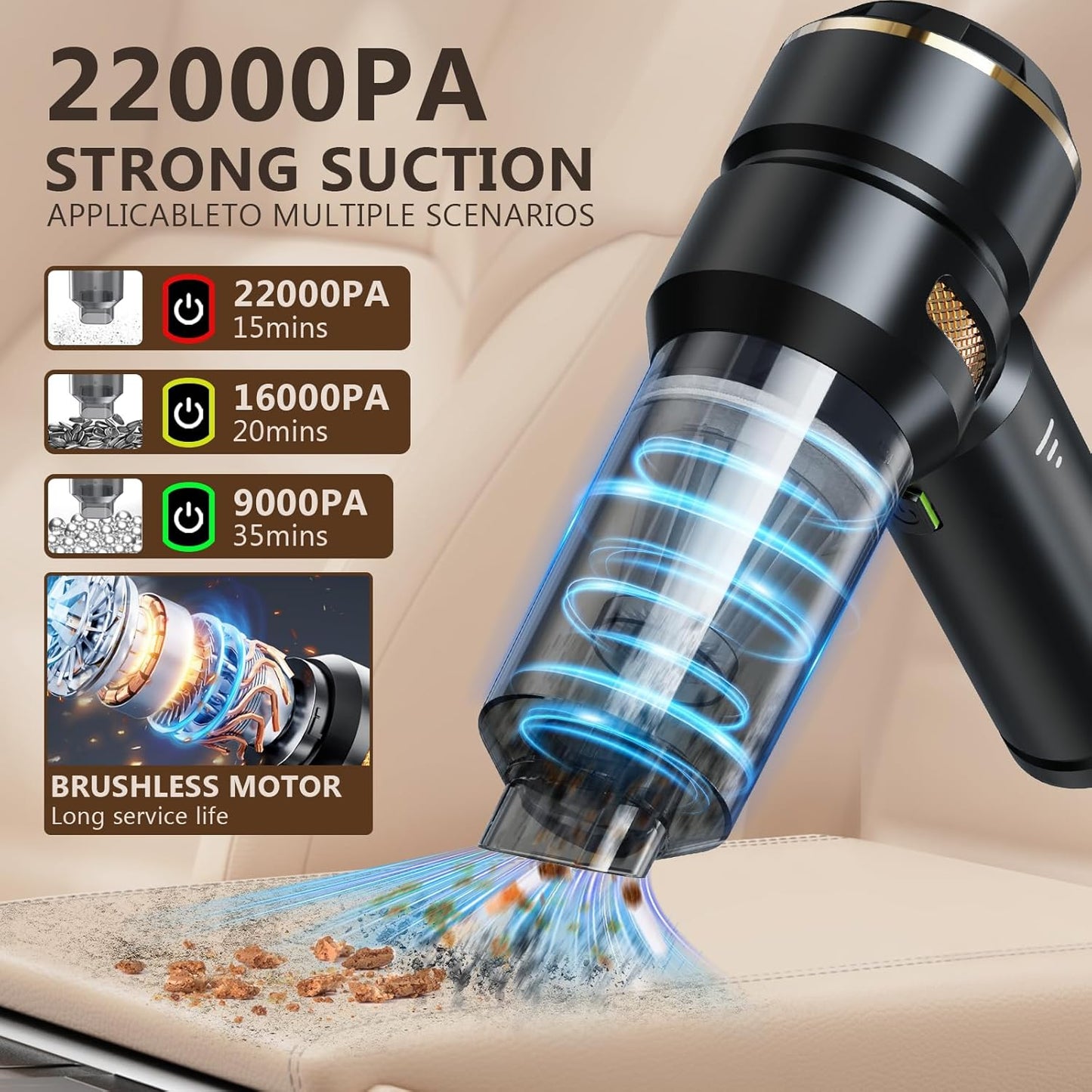 Handheld Vacuum Cordless 22000PA High Power Car Vacuum Cleaner with Brushless Motor 4-in-1 Portable Rechargeable Vacuum Air Blower Air Duster Pump for Car Home Pet Hair Office - Black