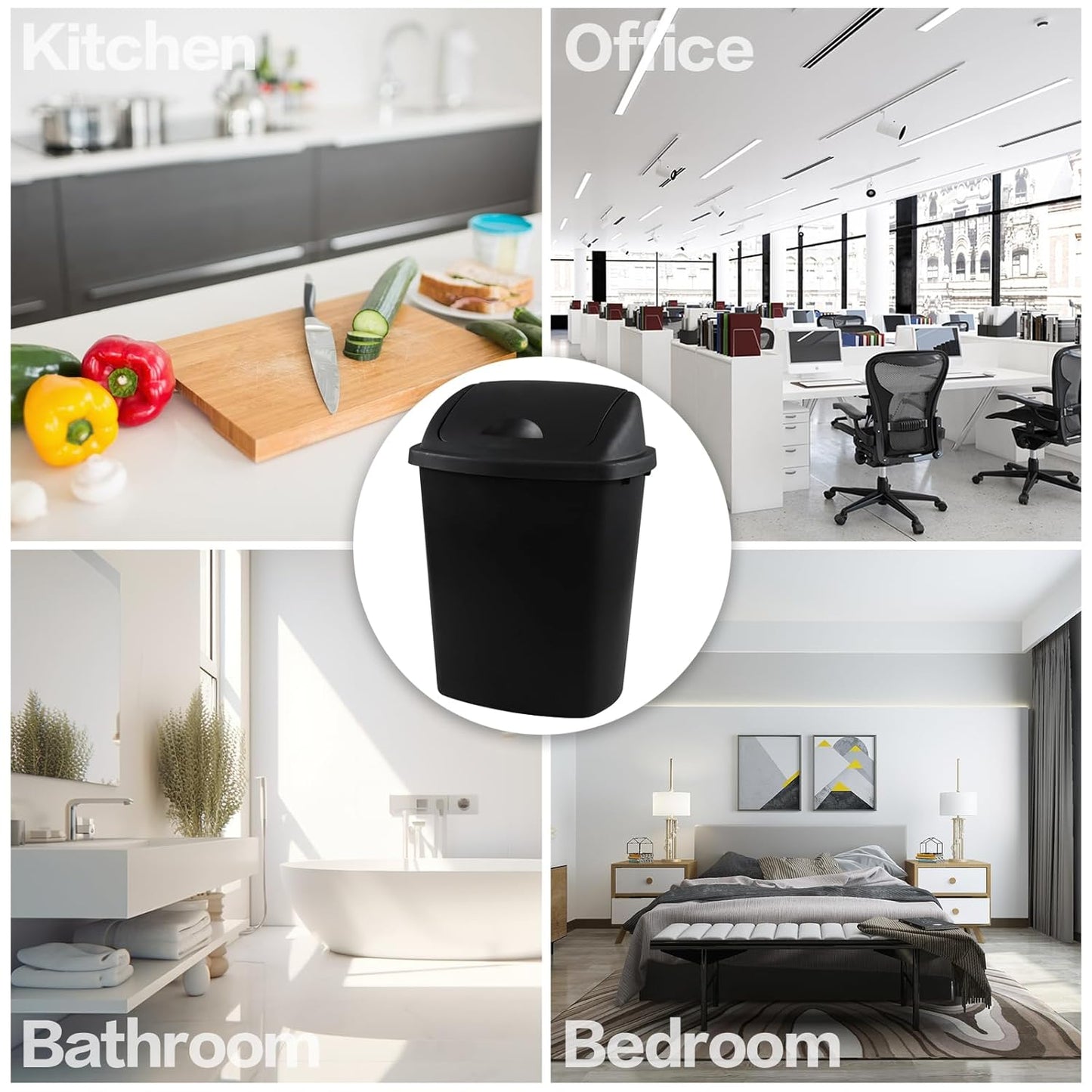 25 Liter Plastic Swing-Top Trash Can, 4-Pack Swing Lid Waste Can, Black