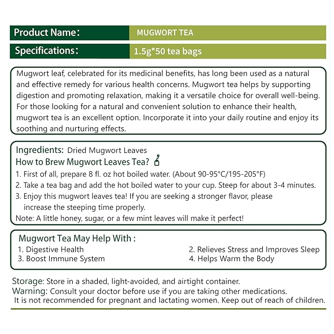 Samcci - Mugwort Tea Bag, 50 Teabags - 100% Natural Dried Mugwort leaves - No Sugar, No Caffeine, No Gluten, Vegan - Rich In Antioxidants