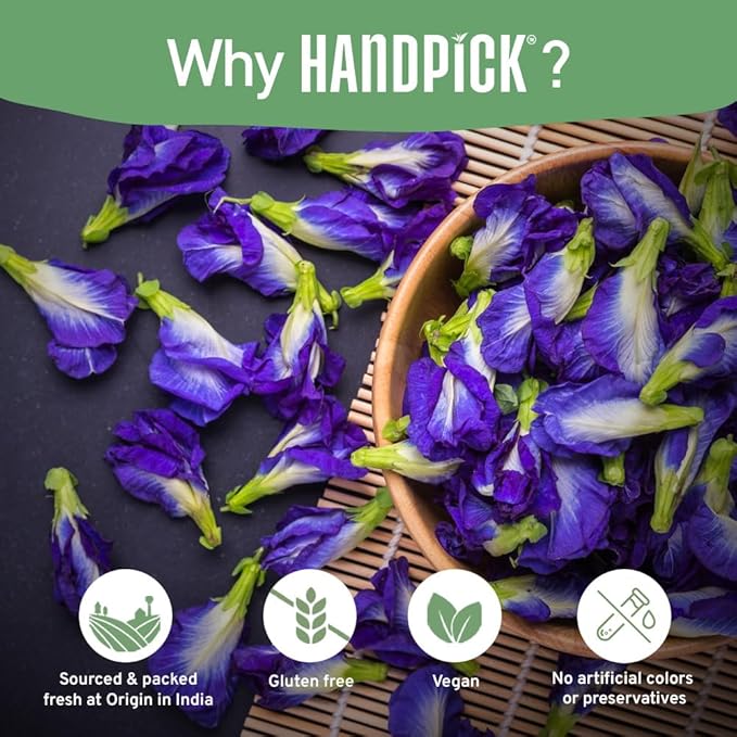 HANDPICK, Butterfly Pea Flower Tea (100 Herbal Tea Bags) | Caffeine Free, Non GMO | Premium Dried Butterfly Pea Flowers For Blue & Purple Drinks, Food Coloring | Iced Teas, Coolers, Cocktails