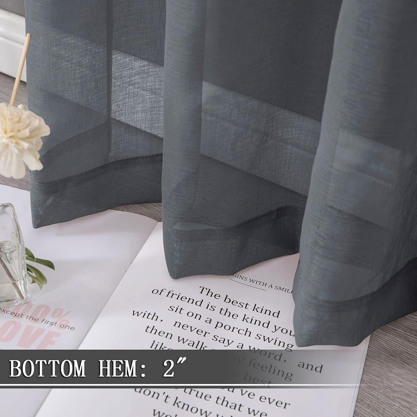 Tollpiz Sheer Curtains Linen Textured Living Room Curtain Sheers Light Filtering Rod Pocket Voile Curtains for Bedroom, 42 x 63 inches Long, Dark Grey, Set of 2 Panels