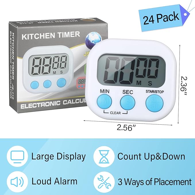 Weewooday 24 Pcs Digital Kitchen Timer Magnetic Timer Bulk On/Off Switch Minute Second Count up Countdown Loud Alarm for Exercise Cook Baking(Black, White)