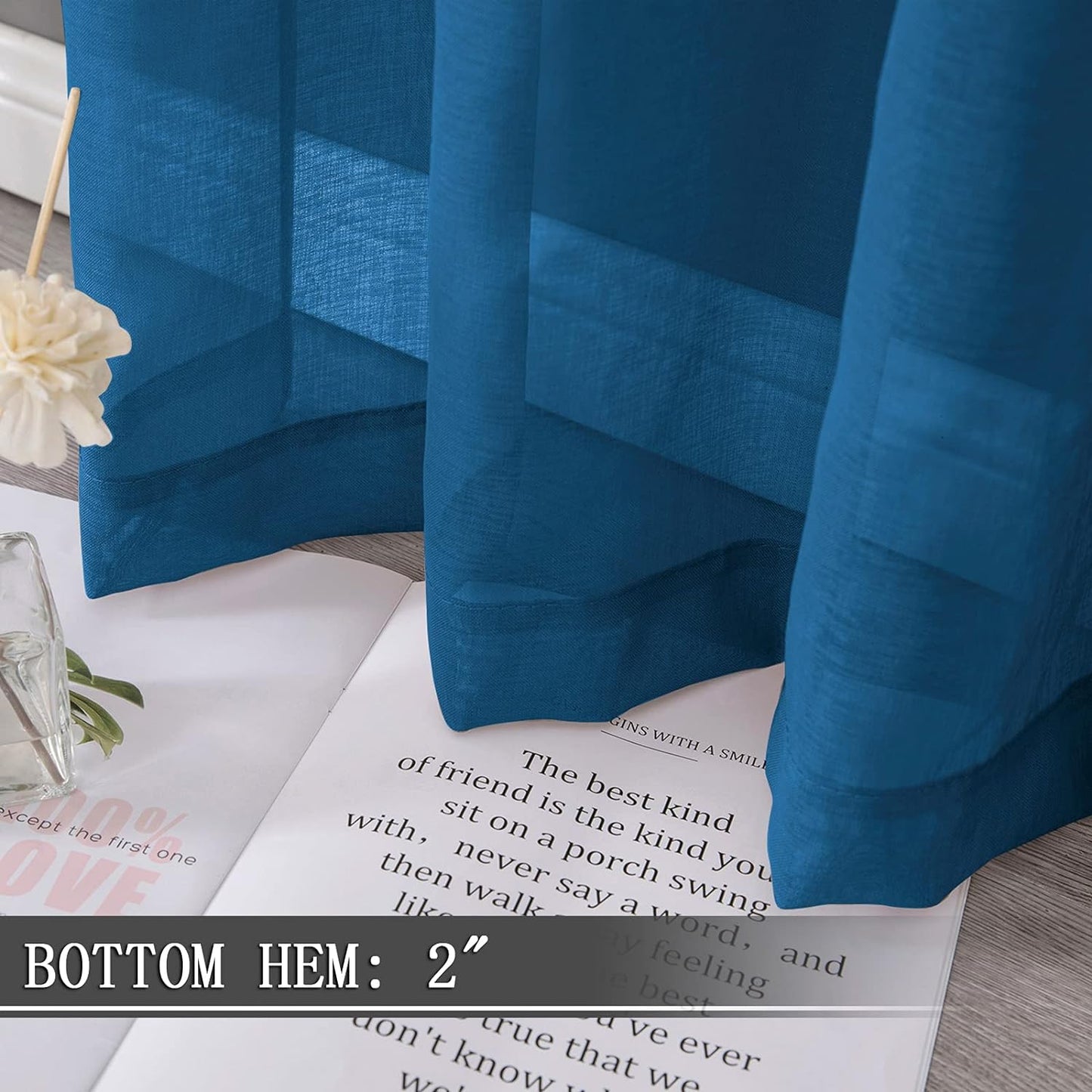 Tollpiz Sheer Curtains Linen Textured Living Room Curtain Sheers Light Filtering Rod Pocket Voile Curtains for Bedroom, 42 x 63 inches Long, Classic Blue, Set of 2 Panels