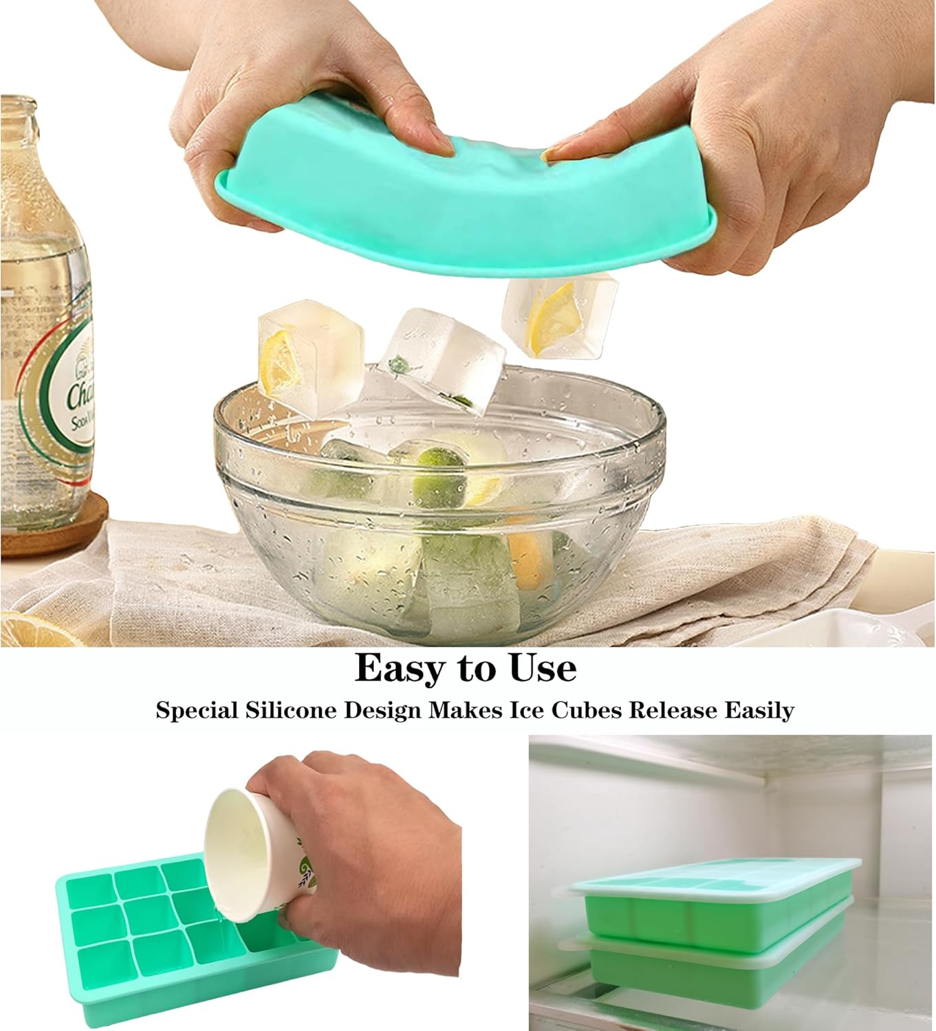 2 Pack Silicone Ice Cube Trays, Easy Release Flexible-15 Cubes Ice Cube Molds,Silicone Ice Cube Molds with Removable Lids for Cocktail, Whiskey, Baby Food, Chocolate-Reusable (Mint Green)