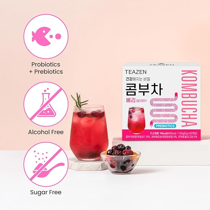 TEAZEN Berry Kombucha Tea, Hydration Drink Mix, Sugar Free, Live Probiotics & Prebiotics, 30 Sticks, 5.29oz