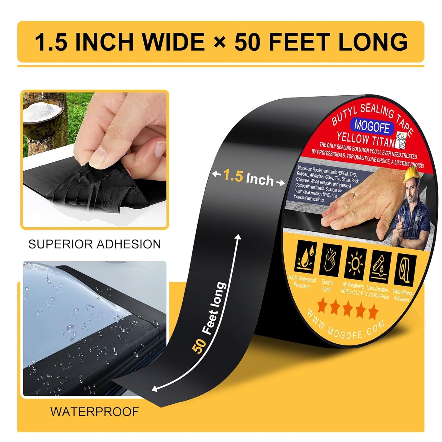 RV Roof Sealant Tape Black, 1.5 Inch x 50 Feet RV Repair Roof Sealer Seal Tape UV-Resistant Waterproof Sealant Tape for RV Repair, Camper, Trailer, Boat Sealing, Leaking Roof, Window