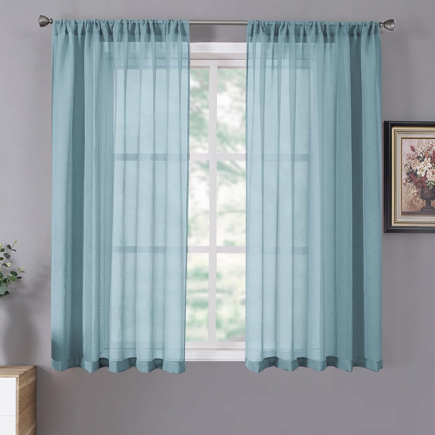 Tollpiz Sheer Curtains Linen Textured Bedroom Curtain Sheers Light Filtering Rod Pocket Voile Curtains for Living Room, 54 x 63 inches Long, Dusty Blue, Set of 2 Panels