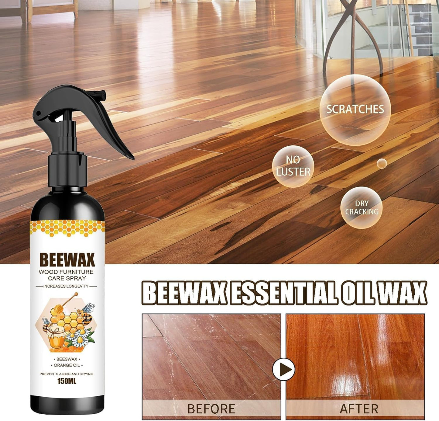MOODTALK Beeswax Spray Furniture Polish, Wood Cleaner, Wood Floor Polish - For Living Room, Kitchen and Wooden Furniture Floors (Pack of 2) (150 ml)