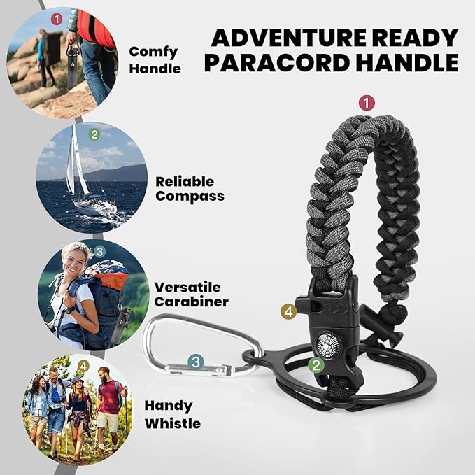 Insulated Water Bottle 24oz, Triple Wall Vacuum Stainless Steel (Cold for 48 Hrs, Hot for 24Hrs), Leak Proof & Non-BPA, 24oz Hydro Water Flask with Paracord Handle & Straw Spout Lids