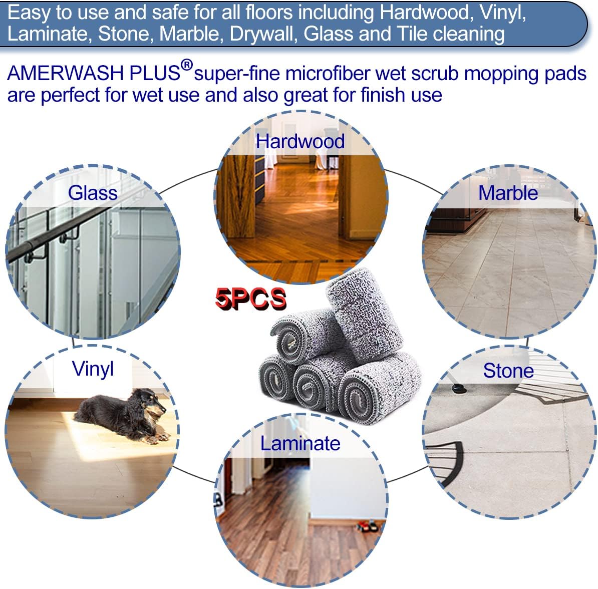 Microfiber Replacement Mop Pads 16.5''x5.5'' Compatible with Most Reveal Mop, 5 Packs Reusable Wet/Dry Floor Cleaning and Scrubbing Mops Refill Fit 14” to 16” Spray Mop Heads