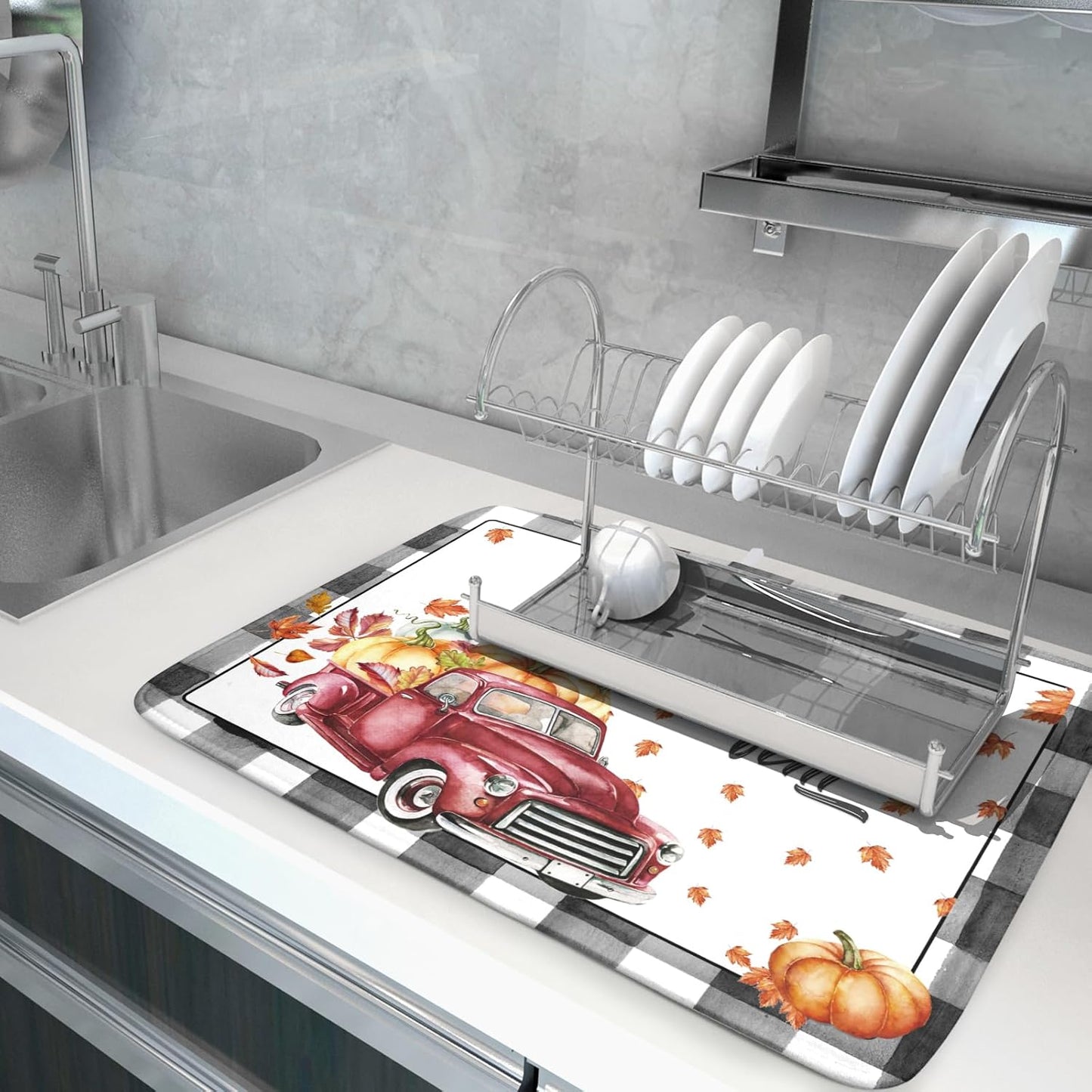 Hello Fall Pumpkin Dish Drying Mat for Kitchen Counter Decor 18x24 Inch Red Truck Harvest Absorbent Reversible Microfiber Dish Drying Pad Buffalo Check Plaid Dish Drainer Rack Mats for Coffee Bar