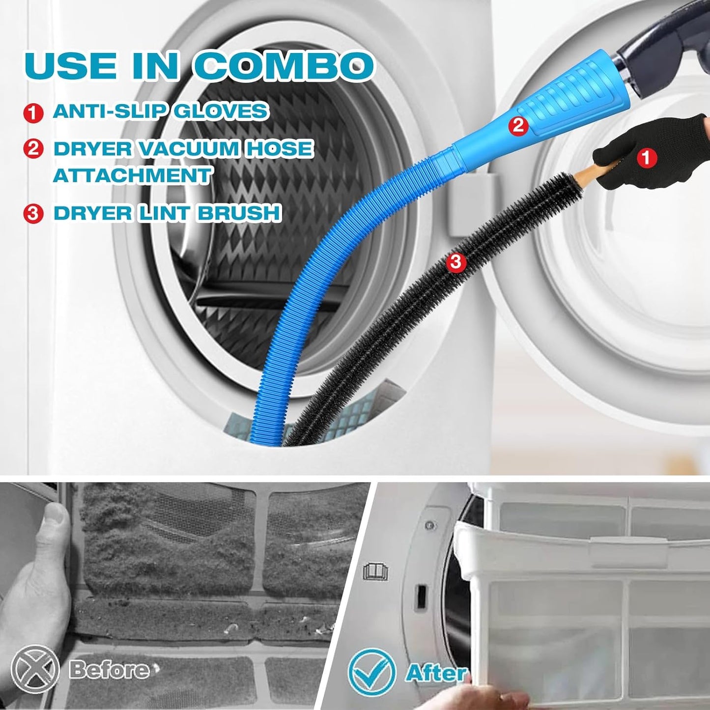 Sealegend 15-Piece 25-Feet Dryer Vent Cleaner Kit, Dryer Cleaning Tools, Omnidirectional Dryer Lint Vacuum Attachment, Dryer Vent Brush, Universal Vacuum & Dryer Adapters (Blue)