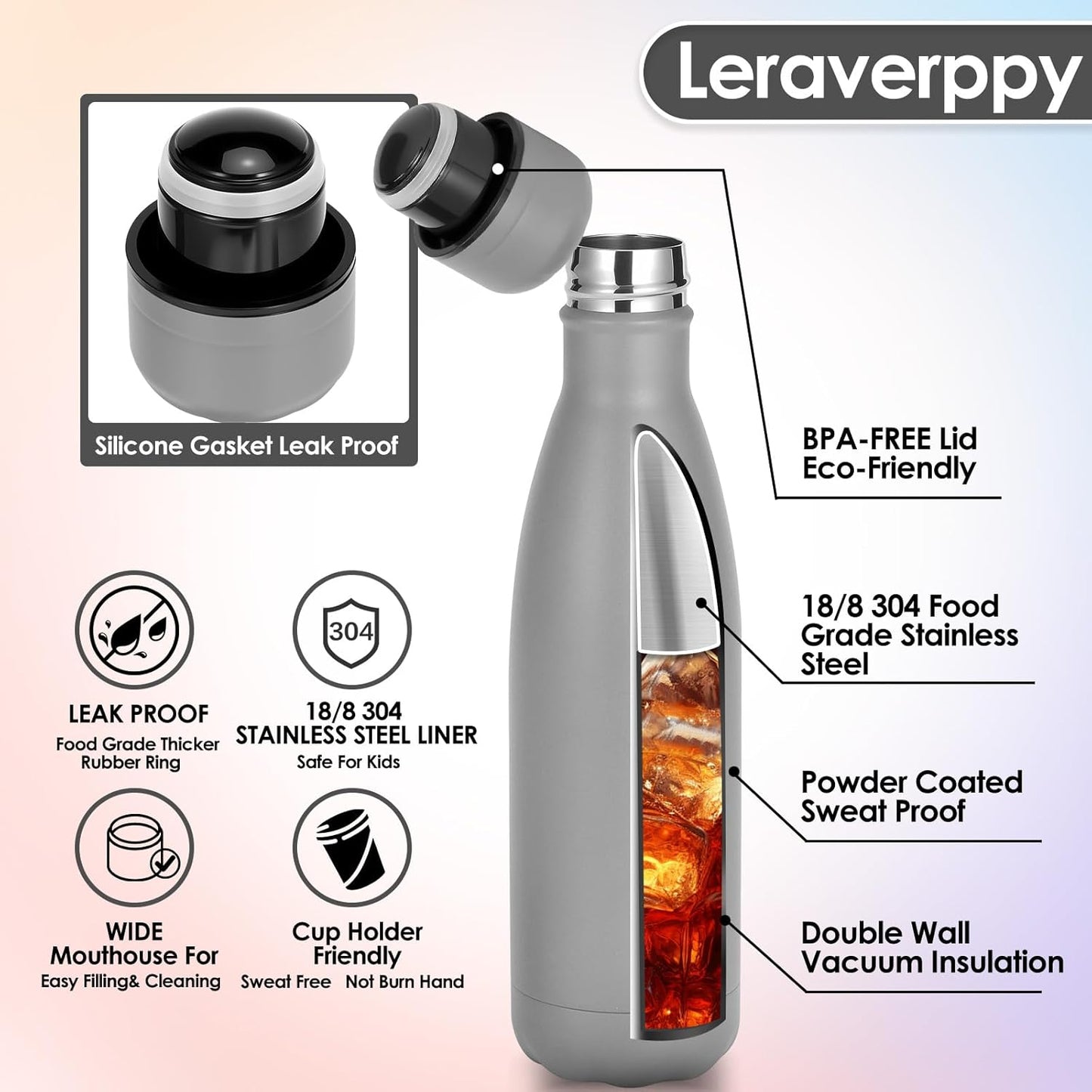 17oz Cola-Bottle Shaped Stainless Steel Leak-proof Water Bottle,Double Wall Vacuum Insulated Metal,Travel Mug For Sports Indoors & Outdoors,BPA-Free School Kids Flasks,Gray(8 Pack)