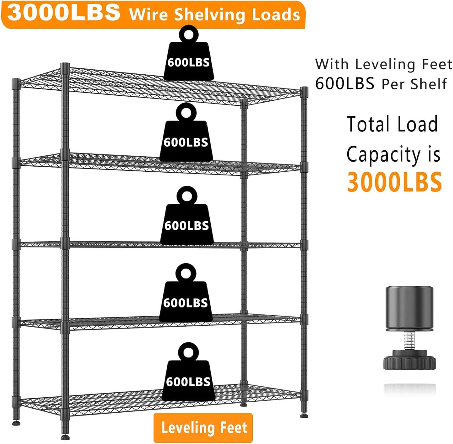 Himimi 82" H Storage Shelves 5 Tier Metal Shelving Adjustable Wire Shelf with Wheels, Heavy Duty Shelving for Garage Kitchen Pantry Bathroom Laundry,18" D*48" W*82" H, Black