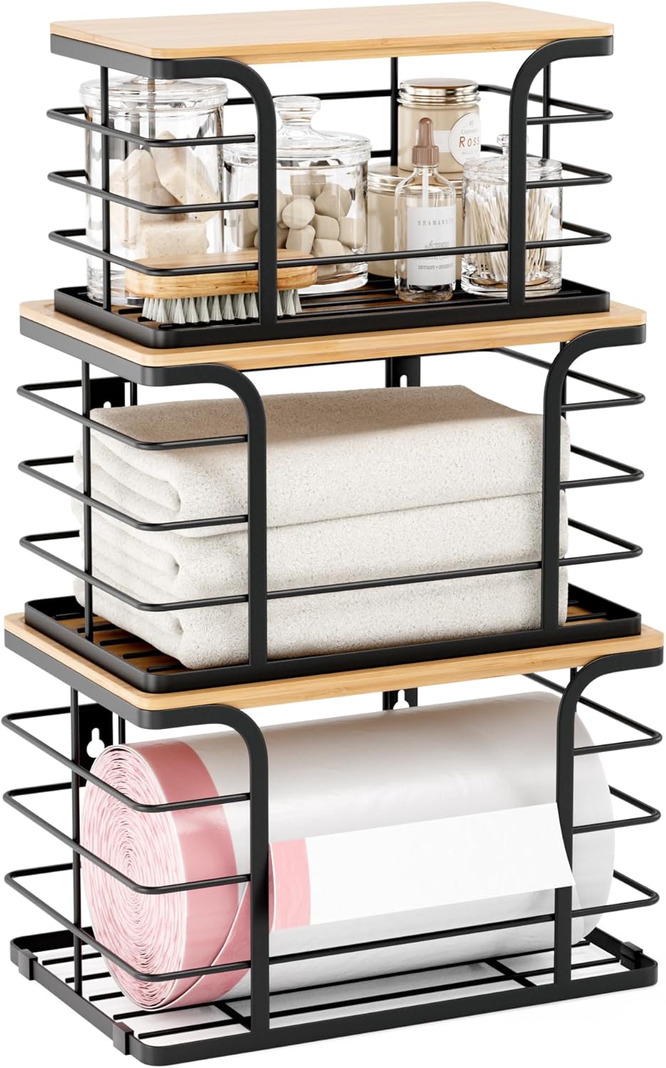 3 Pack Stackable Pantry Organizer,Stainless Steel Trash Bag Holder Dispenser,Kitchen Storage Organization for Kitchen Counter Sink,Laundry Room,Pantry, Black