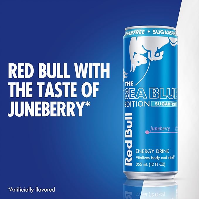Red Bull Sea Blue Edition Sugar Free Energy Drink, Juneberry,12 fl. oz., Pack of 4 cans, with 114mg Caffeine, Taurine & B Vitamins