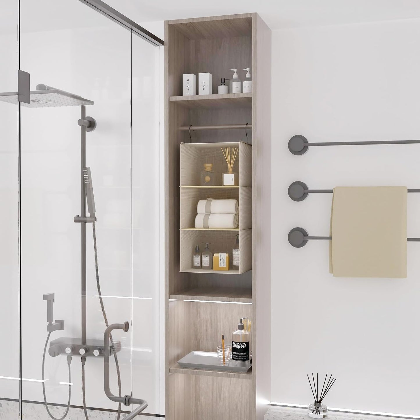 Hanging Closet Organizer, Easy Mount Foldable 3-Shelf Hanging Closet Wardrobe Storage Shelves, Clothes Handbag Shoes Accessories Storage, Imitation Linen Fabric, Beige Houndstooth