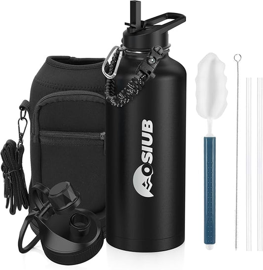 Insulated Water Bottle 87 oz, Triple Wall Vacuum Stainless Steel(Cold for 48 Hrs),Leak Proof & BPA-Free,Half Gallon Water Bottle with Reflective Paracord & Flip Straw for Sports & Travel, Black