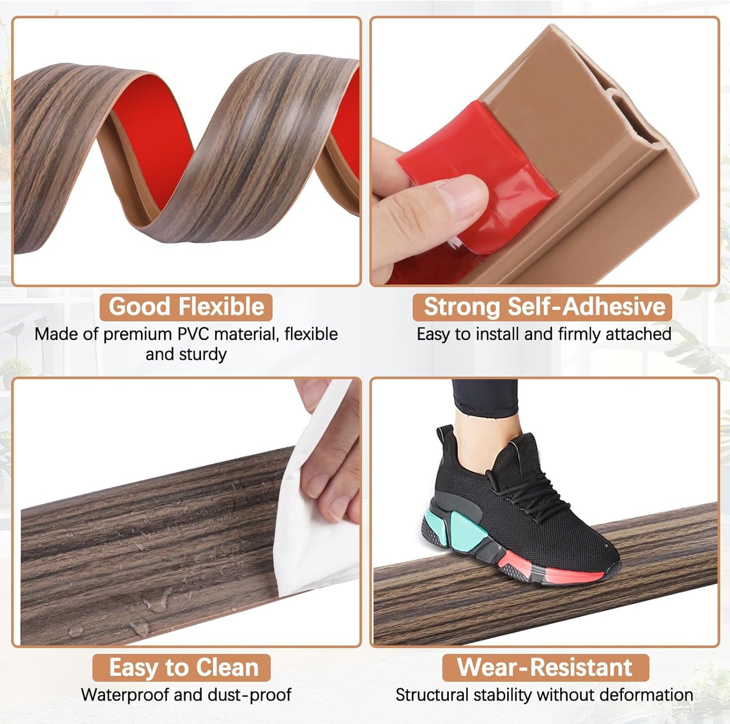 Vinyl Door Threshold Flooring Transition Strip Self Adhesive Carpet Edging Strip for Laminate Doorway Edge Threshold from 2/5" to 3/5" (Grayish Brown Wood Grain, 3.3 Ft)