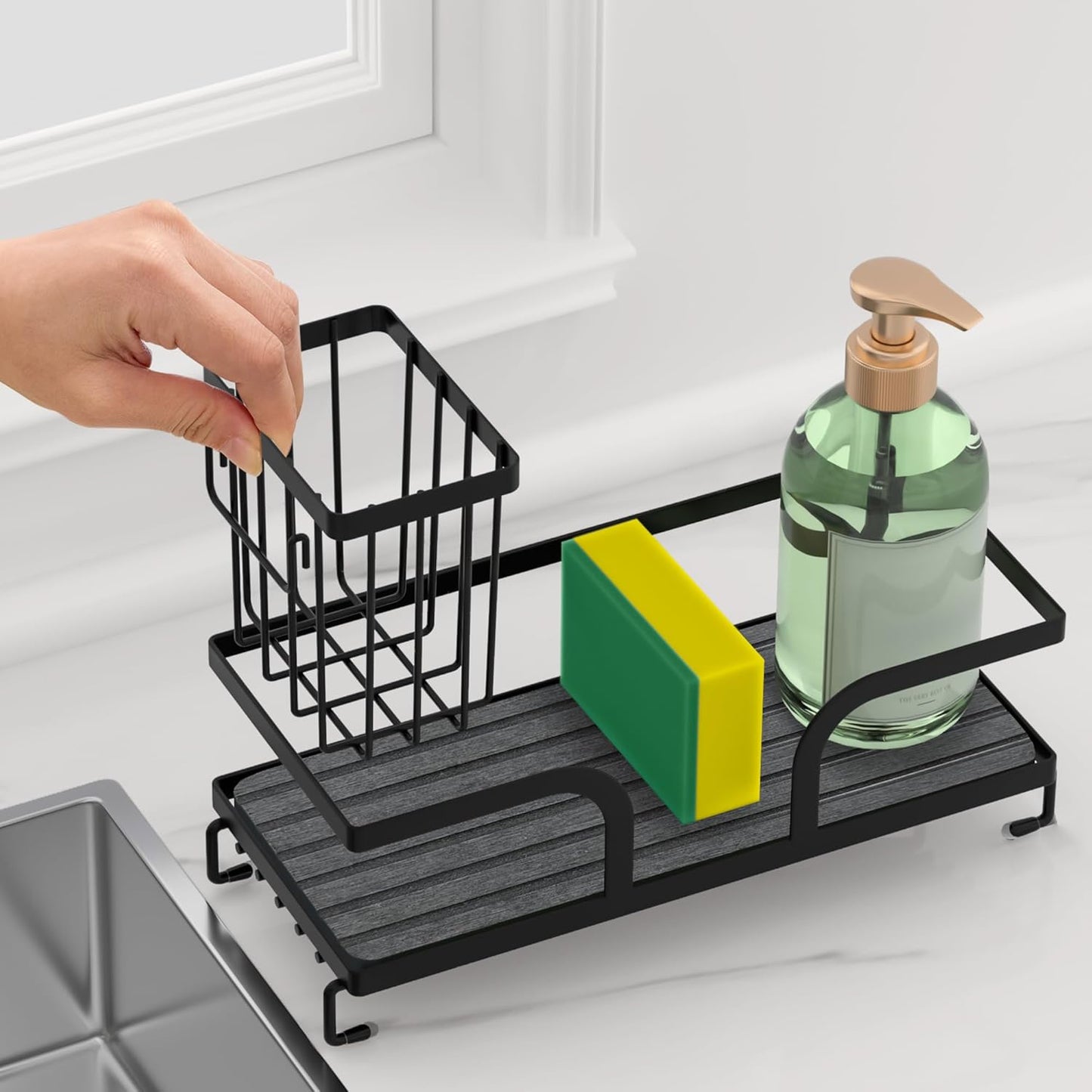 Sponge Holder for Kitchen Sink,Sink Caddy Organizers with Stone Drying Tray, Kitchen Sink Organizer for Sponges, Soap, 9.7" x 4.2"x 3.2" Home Decor Storage and Organization,2PCS Black