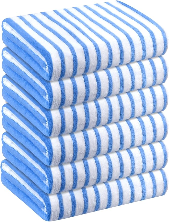 JML Microfiber Beach Towels, Large Bath Towel Set (6 Pack, 27" x 55") - Cabana Stripe - Quick Dry Microfiber Towels for Pool, Bath, Sport, Yoga, Camping, Swimming, Blue