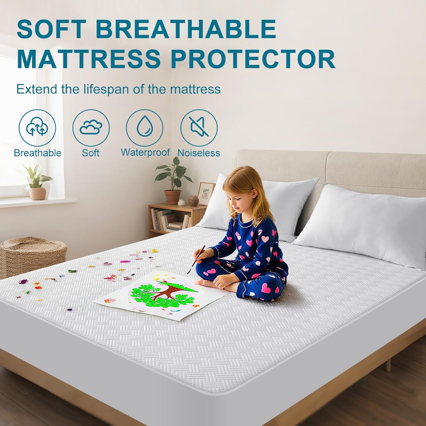 Waterproof Mattress Protector Twin XL Size - Breathable, Noiseless, Ultra-Soft Bed Cover, Mattress Pad Cover with Deep Stretchable Pockets 8"-21" (White)