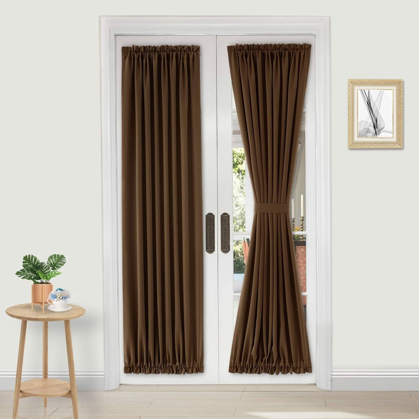 DWCN French Door Curtains – Rod Pocket Thermal Blackout Curtain for Doors with Glass Window, Kitchen and Patio Doors for Privacy, 36 X 72 Inches Long, 1 Curtain Panel with Tieback,Brown