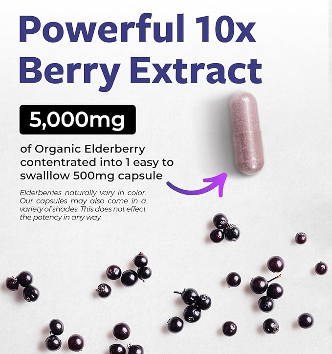 Organic Elderberry Capsules - 10:1 Extract Equals 5,000mg of Fresh Elderberries (Vegan) for Immune Support, Allergy, Sinus Relief - Sambucus Nigra - Black Elderberry - 30 Caps (No Pills or Gummies)