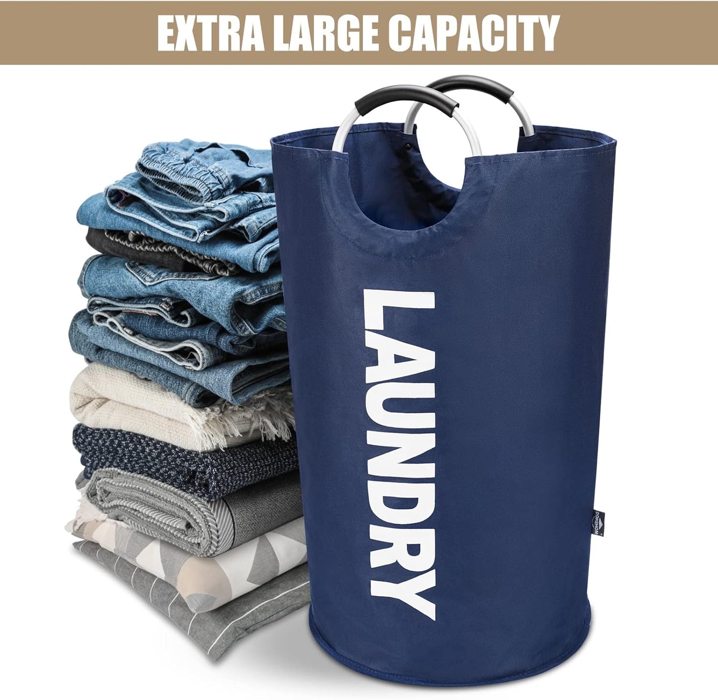DOKEHOM 90L Large Laundry Basket, Collapsible Laundry Bag, Freestanding Tall Clothes Hamper, Foldable Washing Bin (Dark Blue)