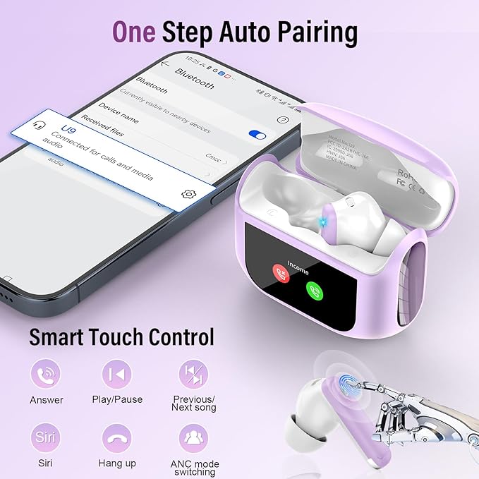 Wireless Earbuds, Bluetooth 5.4 Headphones with Multifunctional Touch Screen, 48H Bass Stereo Ear Buds with ANC/ENC Noise Cancelling/Transparency Mode, IPX7 Earphones with 5 EQ Modes, Purple