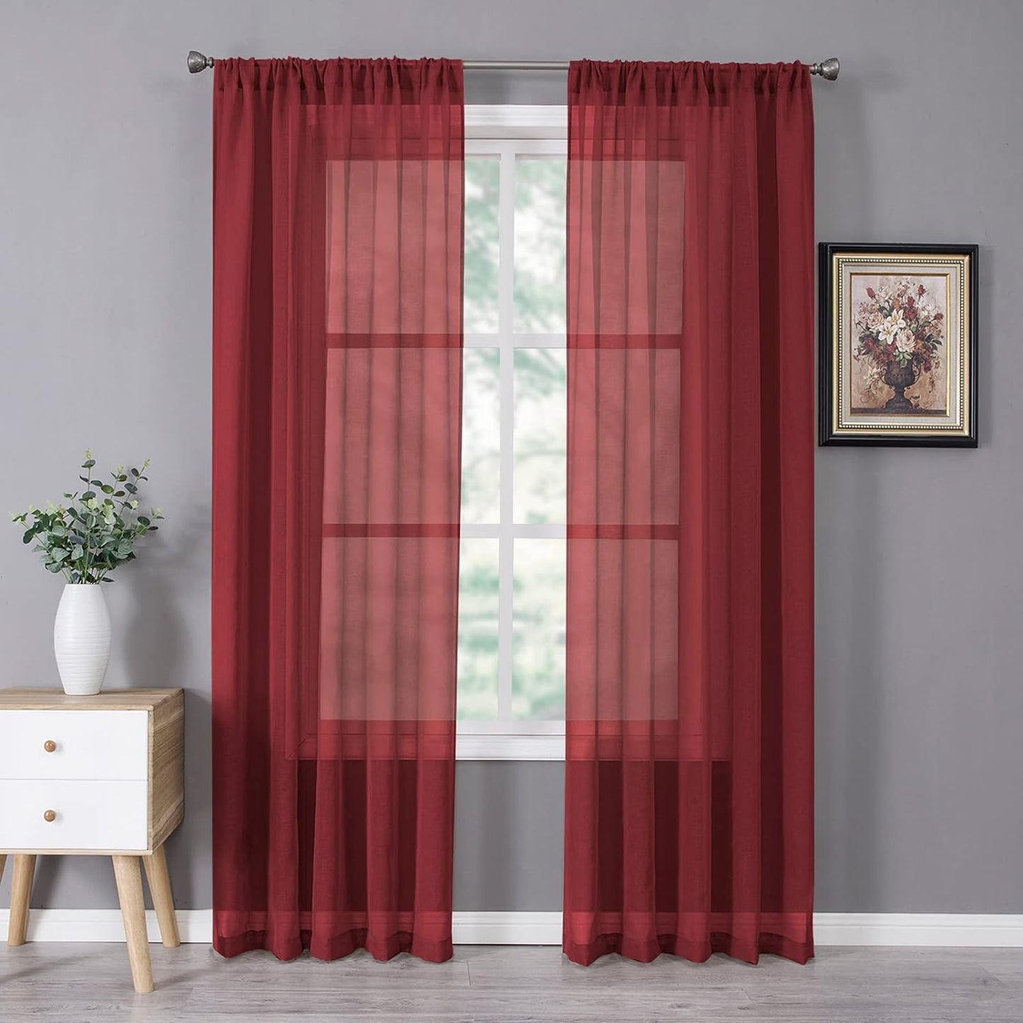 Tollpiz Sheer Curtain Linen Textured Living Room Curtains Sheer Light Filtering Rod Pocket Voile Curtain for Bedroom, 54 x 72 inches Long, Burgundy Red, Set of 2 Panels